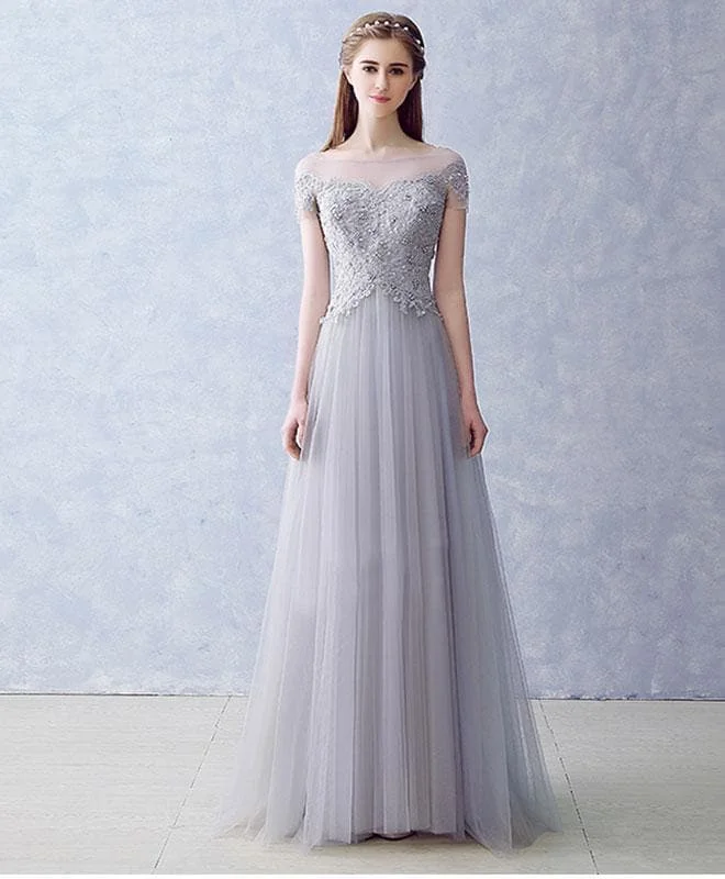 Gray Round Neck Lace Tulle Long Prom Dress, Evening Dress