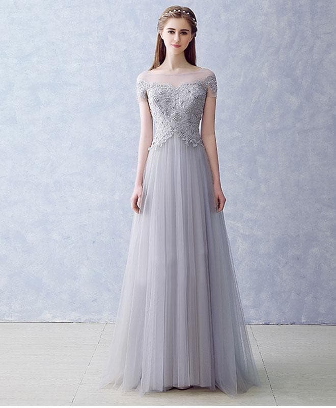 Gray Round Neck Lace Tulle Long Prom Dress, Evening Dress