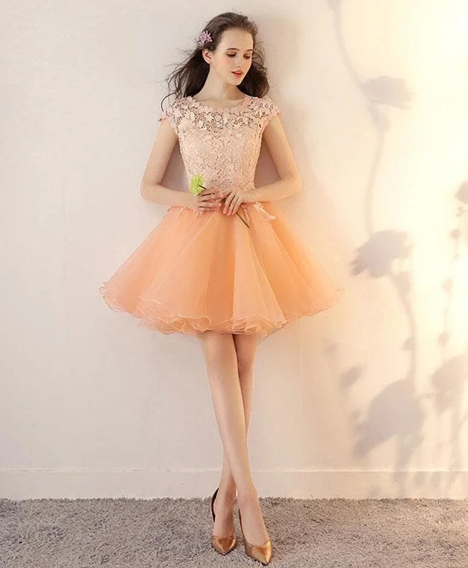 Champagne Tulle Lace Short Prom Dress, Champagne Homecoming Dress