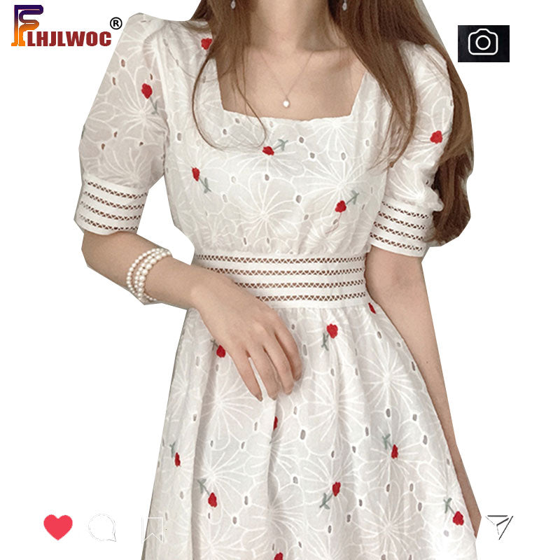 White Hollow Out Lace High Low Dress