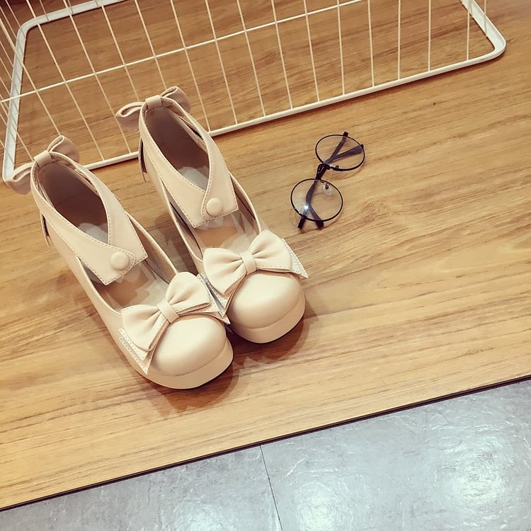Beige/Black/Pink Lolita Bowknot Rough Heels Shoes SP179192