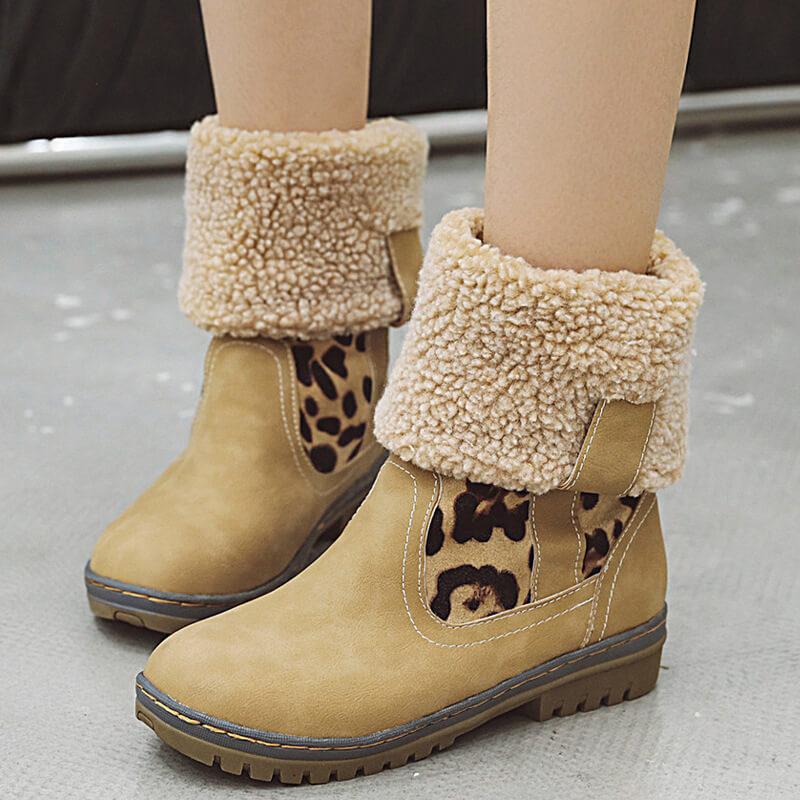 VCSHOES Leopard Print Chunky Low Heel Suede Calf Boots