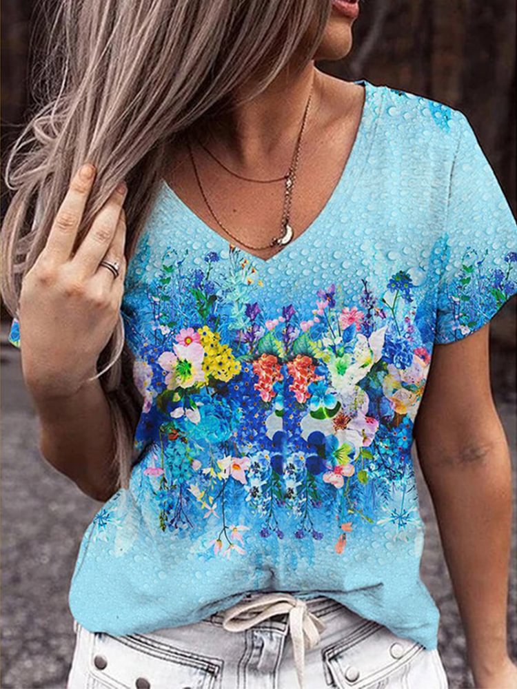 V Neck Printed Short Sleeved Casual T Shirt Top P180822154