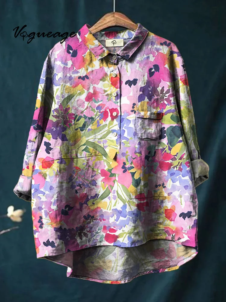 Ink Painting Flowers Leaves And Plants Printed Cotton And Linen Shirt