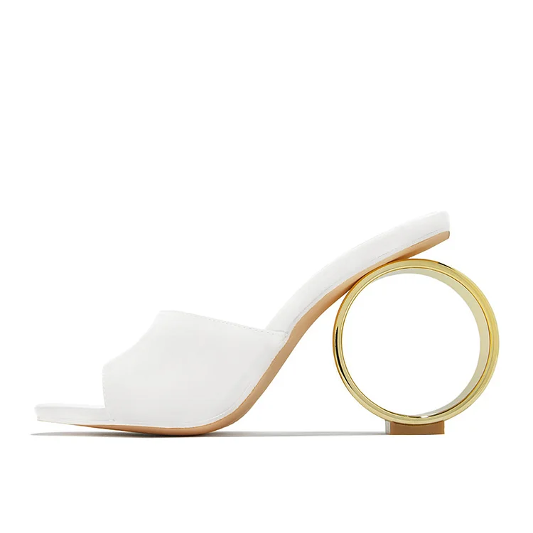 White Mule Heels Square Toe Classy Circle Metal Heel Slide Sandals |FSJ Shoes