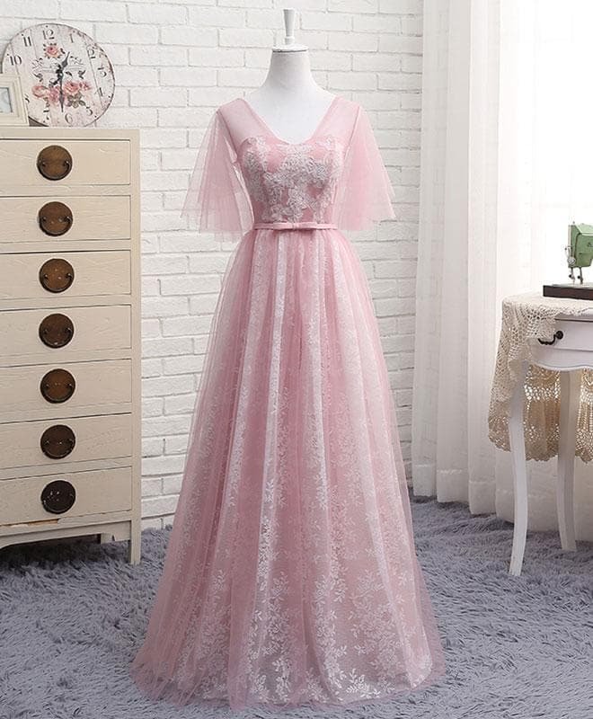 A Line V Neck Lace Tulle Long Prom Dress, Lace Evening Dress