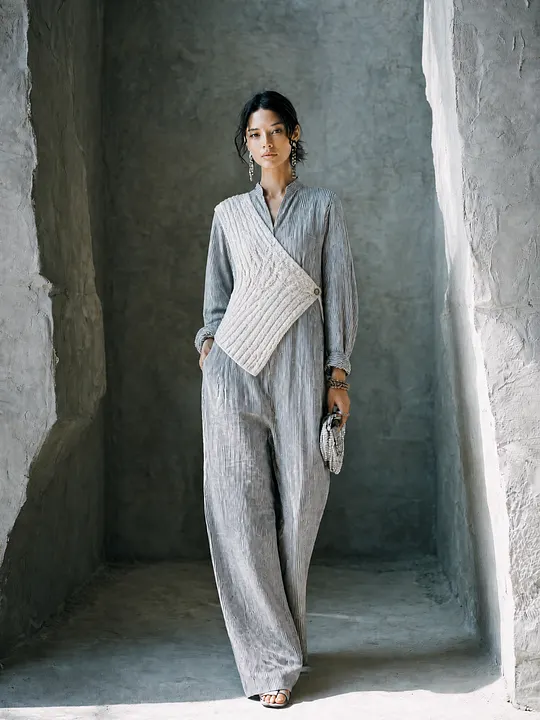 Women's Layered Knit Casual Linen Blend Stand Collar Wide Leg Jumpsuit MD