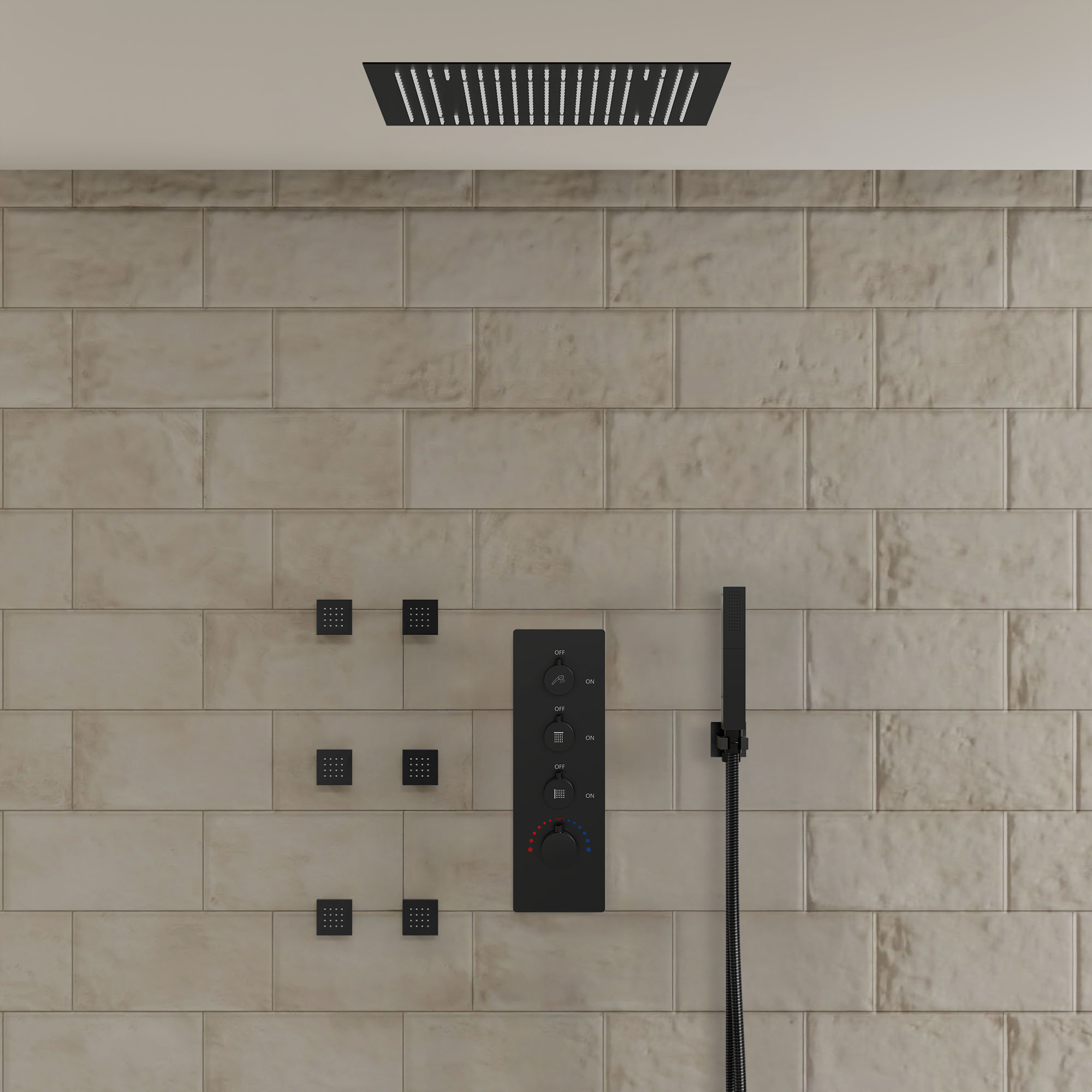Digital Display Shower System with Ceiling Mount LED, Advanced Design & Versatile Sprays, Matte Black