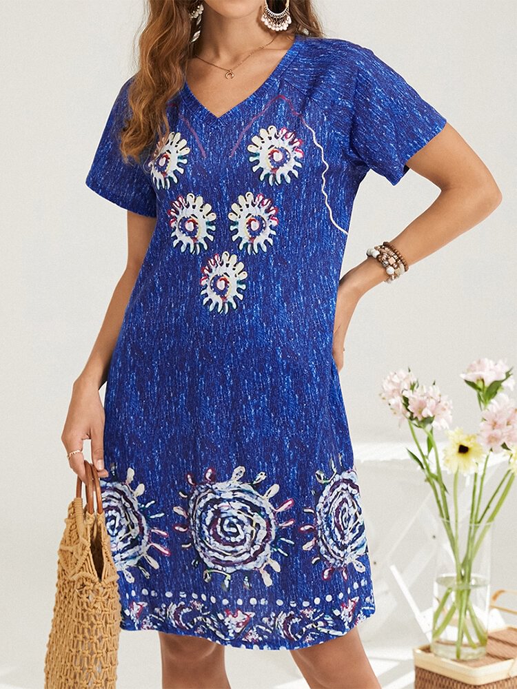 Bohemian Print V-neck Short Sleeve Vintage Holiday Dress For Women