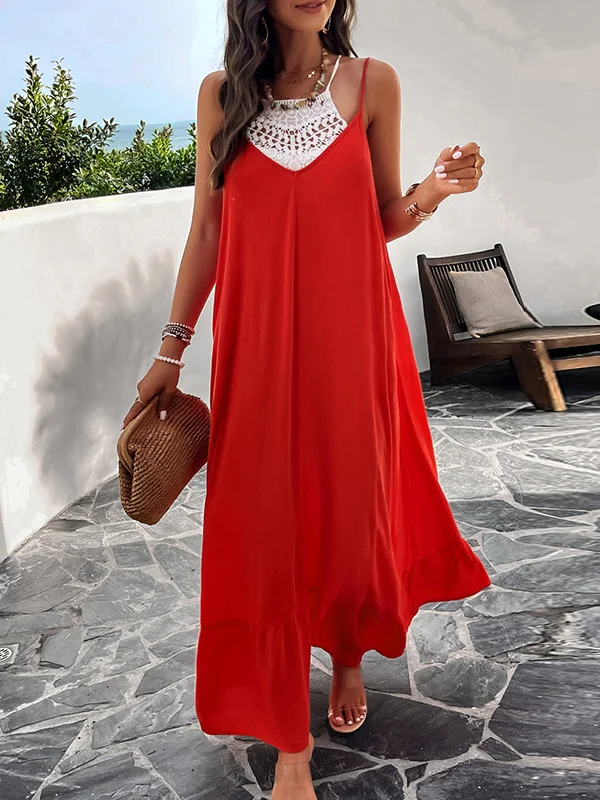 Pleated Solid Color Split-Joint Loose Sleeveless Spaghetti-Neck Maxi Dresses