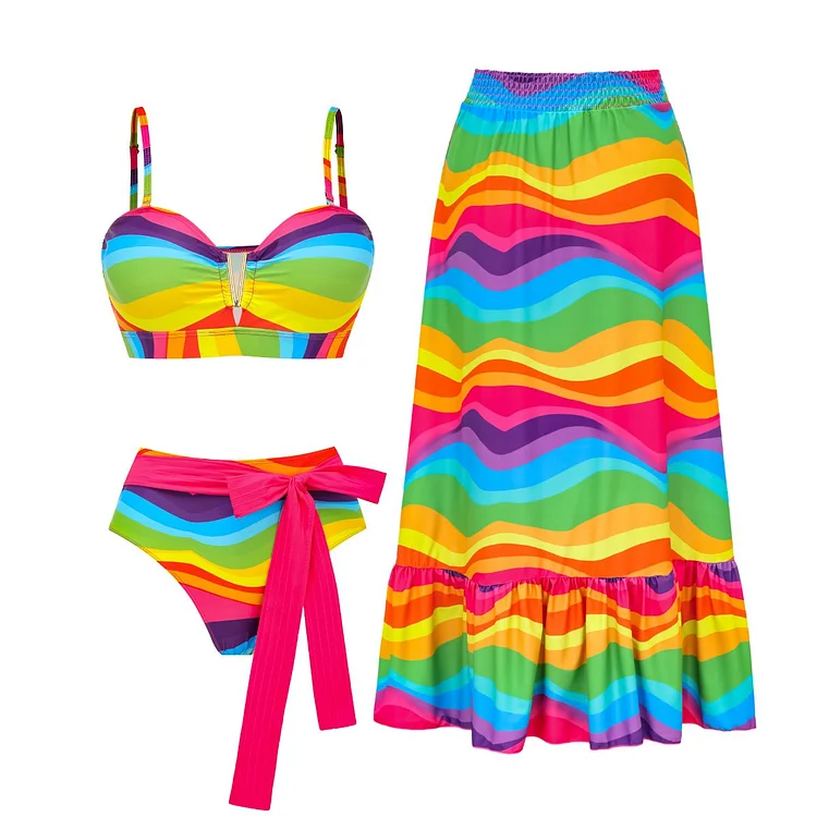 Rainbow Printed Bikini Swimsuit And Skirt