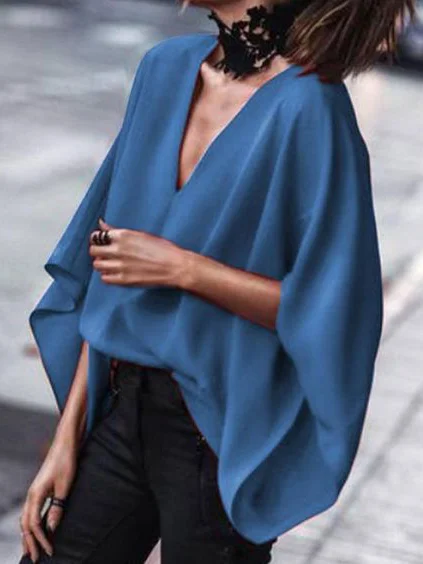Loose Batwing Sleeves Solid Color V-Neck Blouses&Shirts Tops