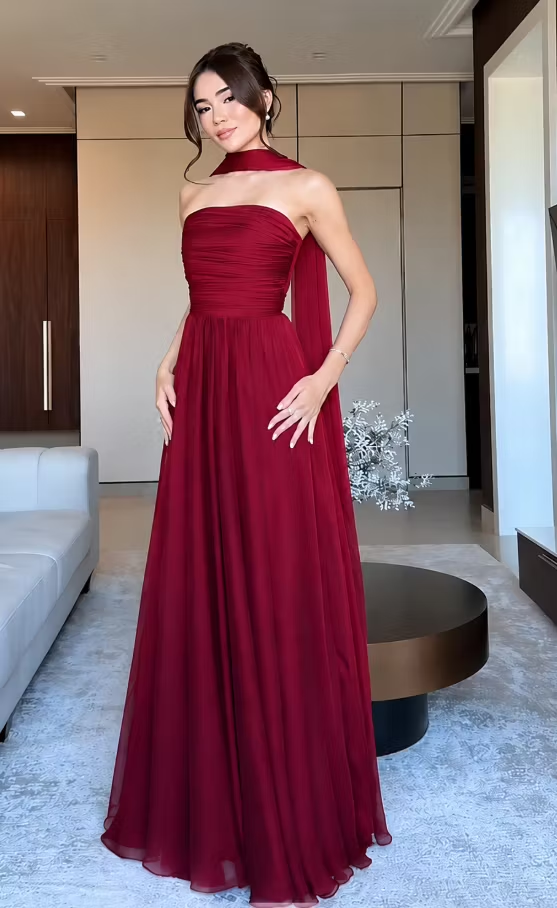 red formal dress with scarf Feminine A-Line Strapless Chiffon Sleeveless A-Line Long Prom XY0241 formal dress with neck scarf