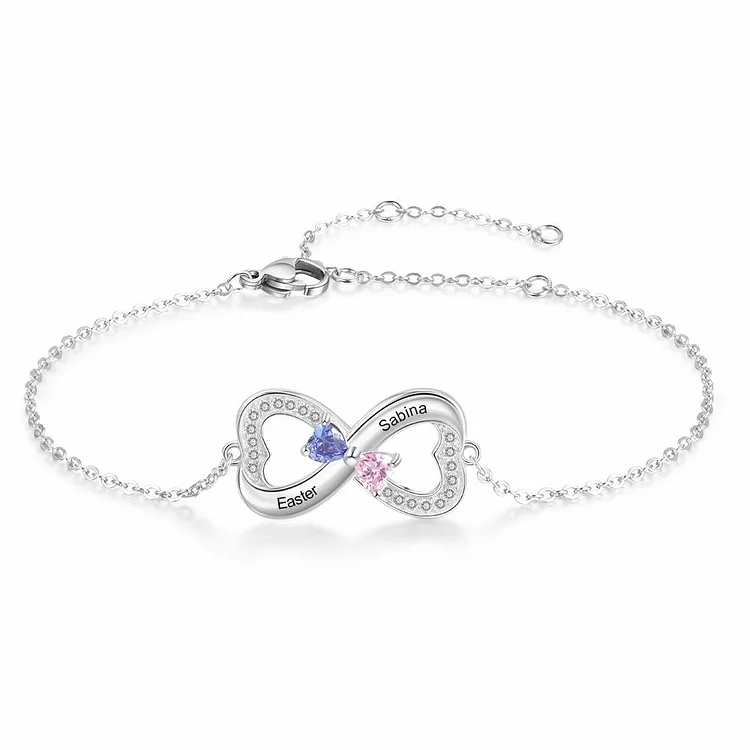 Heart Infinity Bracelet with 2 Birthstones Engraved 2 Names Personalized Gift