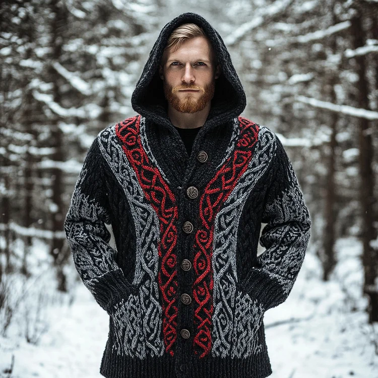 Men's Viking Celtic Knot Jacquard Hooded Button Sweater
