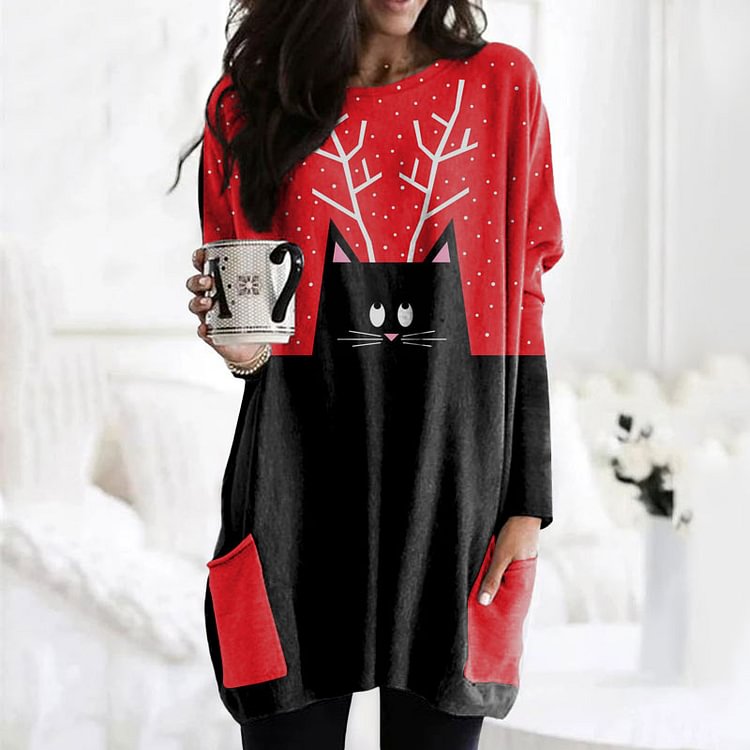Vefave Christmas Elk Cat Print Tunic