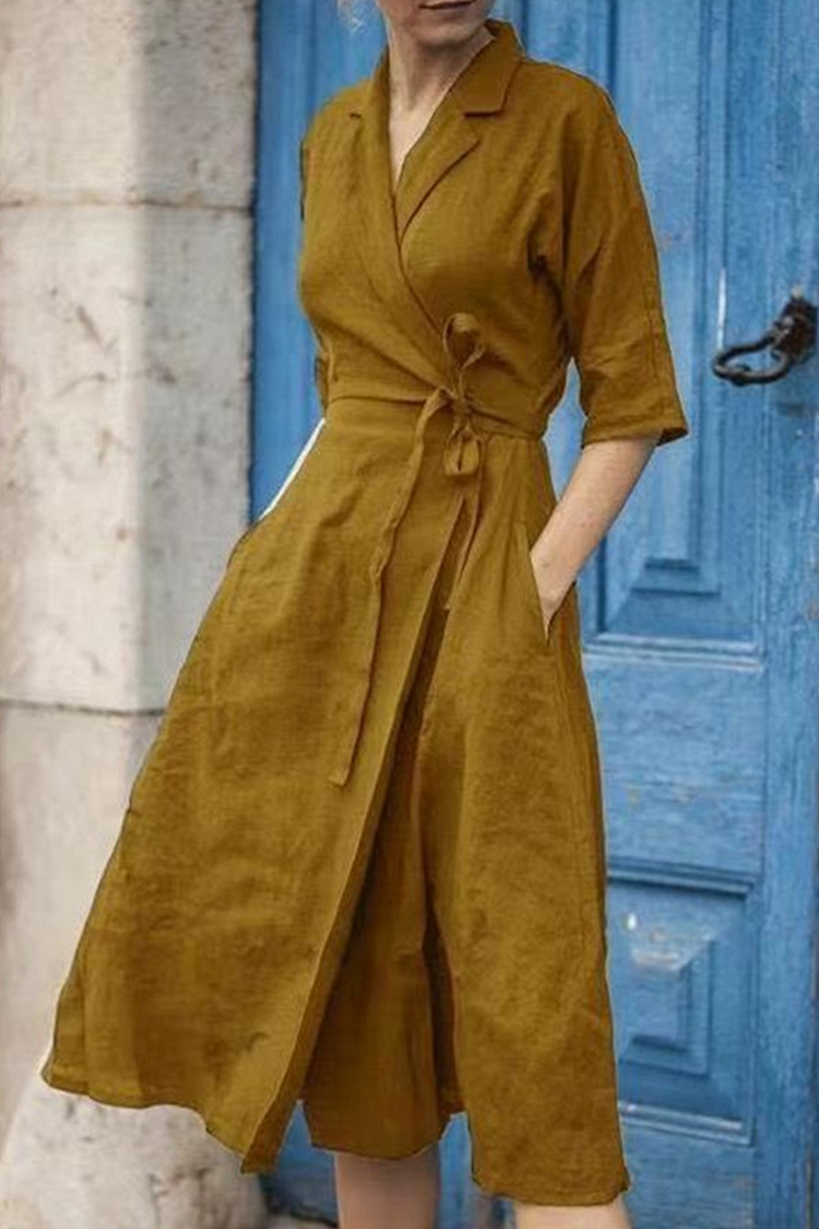 Casual Solid Patchwork Turndown Collar Waist Skirt Dresses - Life is Beautiful for You - SheChoic