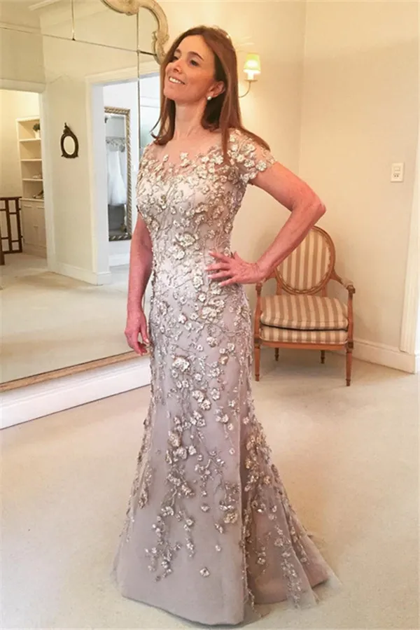 Daisda Scoop Neck Short Sleeves Long Mermaid Mother Of The Bride Dress With Appliques