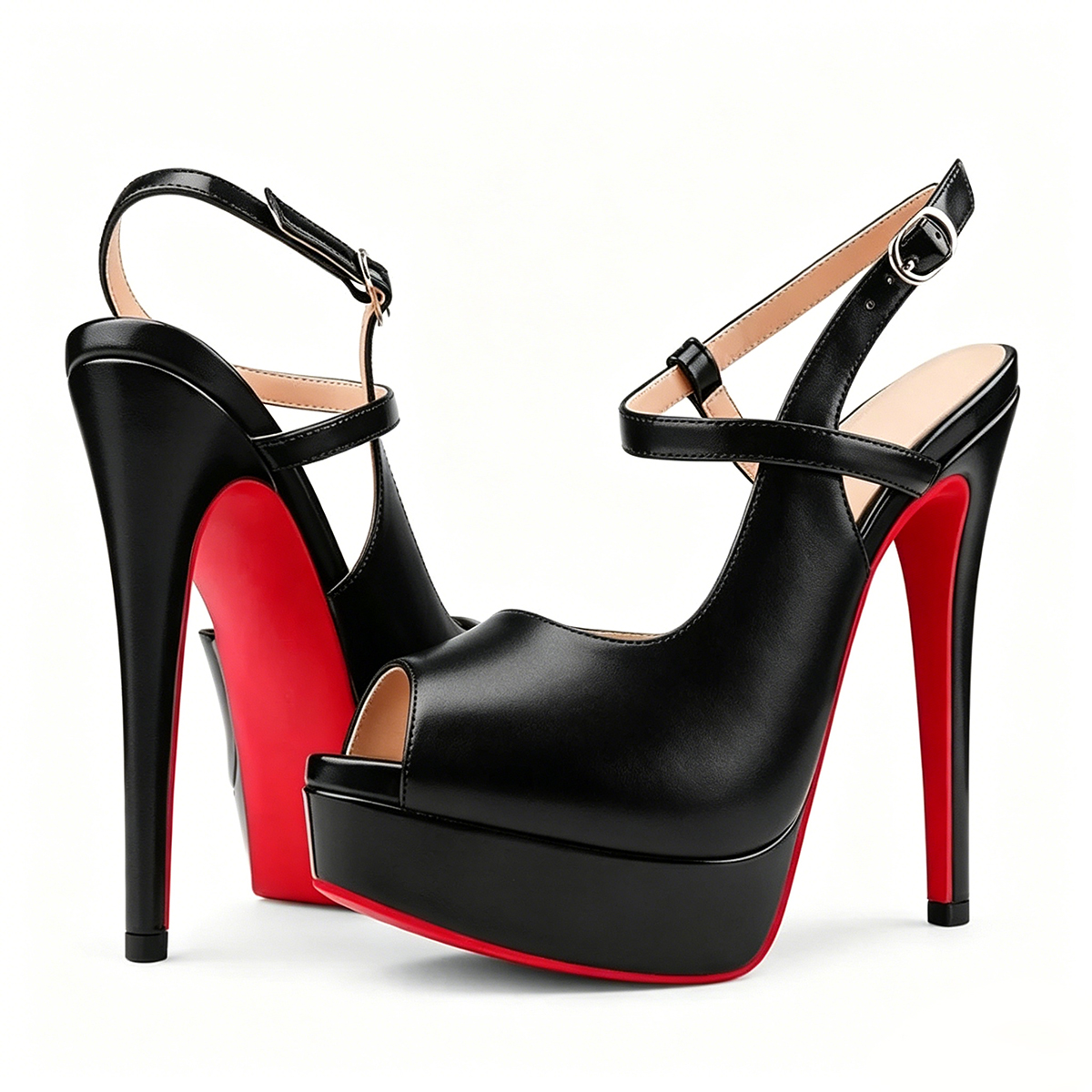 150mm Women's Stiletto High Heels Open Toe Red Bottom Platform Cross Strap Design High Heels Matte-MERUMOTE
