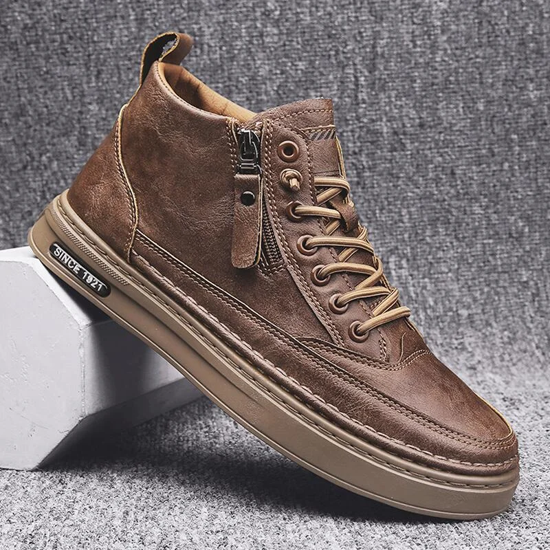 Back to college Men's Boots Fashion Casual Shoes Middle Top Leather Sneakers Trend Martin Boots Flat Shoes Korean Style Workwear Shoes Students
