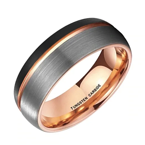 Women's Or Men's Tungsten Carbide Wedding Band Rings,Domed Top Three Tone Black,Rose Gold and Silver / Gray Tone Stripe Design Bands Ring With Mens And Womens For Width 4MM 6MM 8MM 10MM