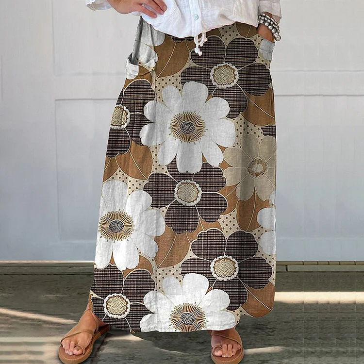 Comstylish Floral Print Pocket Casual Skirt