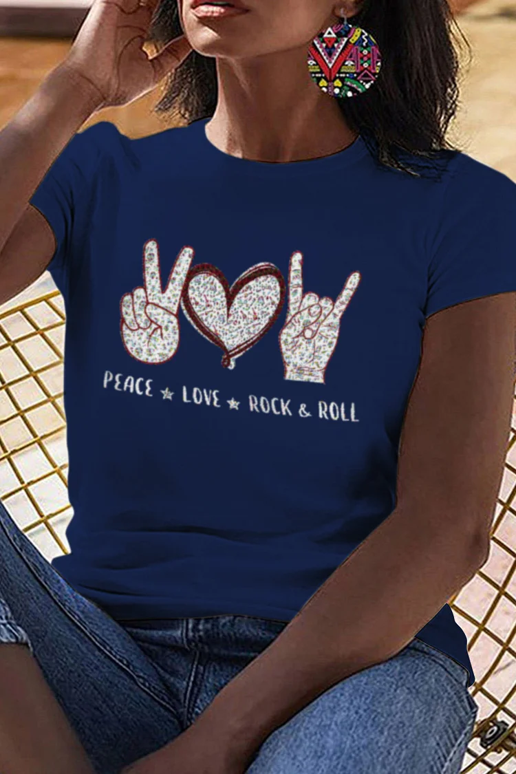 Navy Blue Fashion Casual Print Split Joint O Neck T-Shirts
