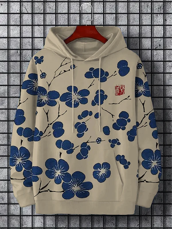 Men's Cherry Blossom Japanese Lino Art Print Long Sleeve Hoodie