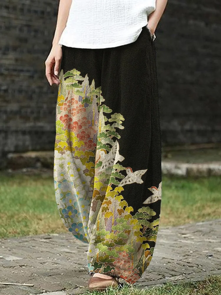 Comstylish Japanese Art Painting Pattern Linen Blend Casual Pants
