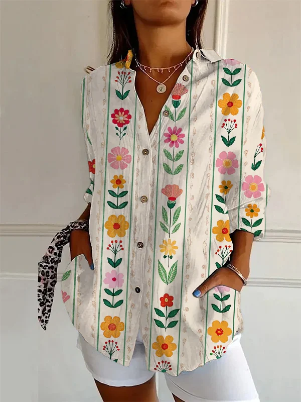 Women's Spring Flowers Art Print Vacation Long Sleeve Shirt