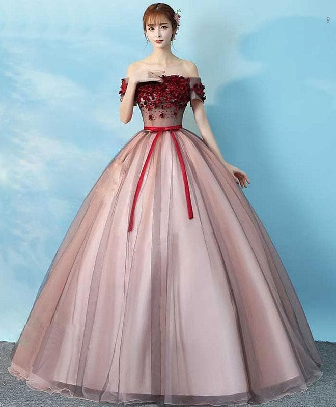 Pink Tulle Lace Long Prom Dress, Pink Tulle Evening Dress