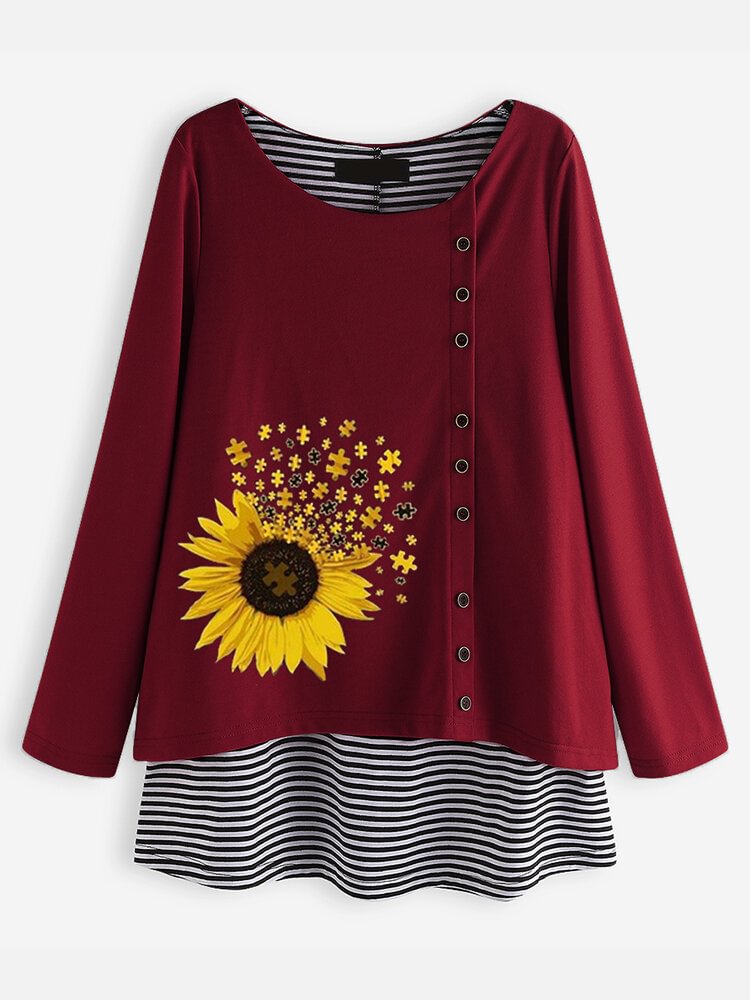 Stripe Flower Print Long Sleeve Blouse For Women P1563989