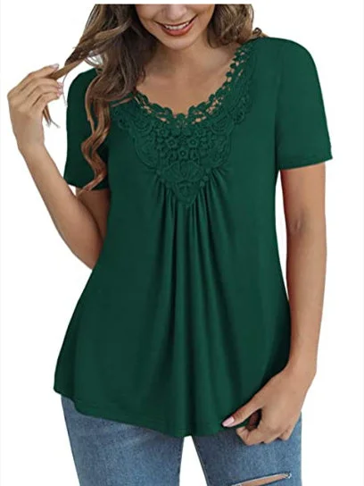 Women's Solid Color Lace Short Sleeve Scoop Neck Top