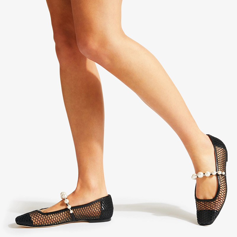 【PORTERNA】Mojo mesh flat shoes Black Mesh Square Toe Pearl Embellished Strap Flat Shoes for