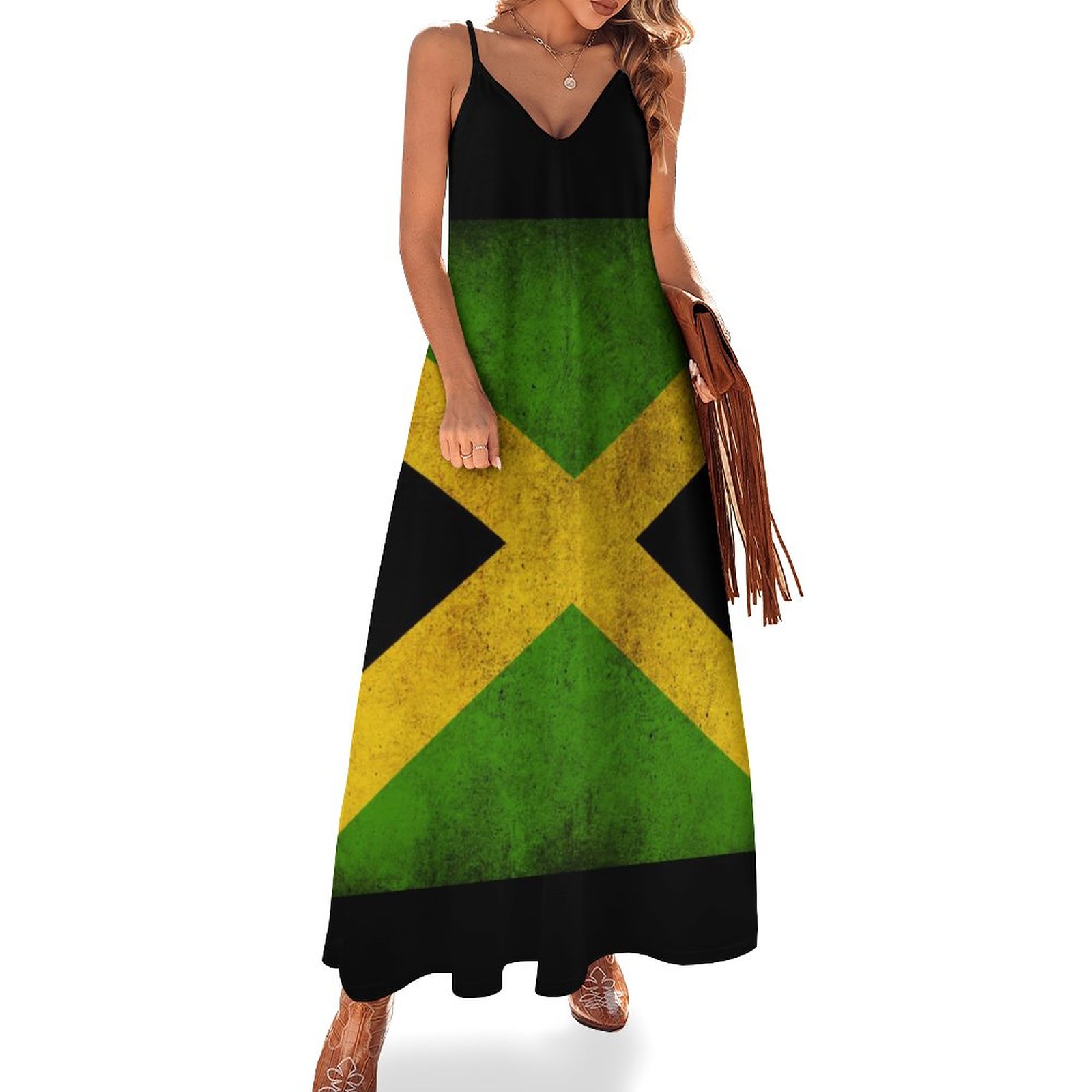 jamaican flag maxi dress Jamaica Flag Proud Jamaicans Women's Casual Strappy V Neck Sleeveless Flowy Loose Long Maxi Beach Dress Sundress