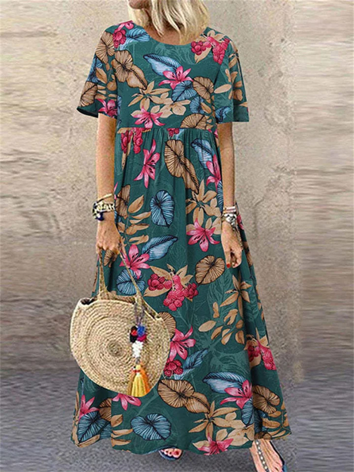 Summer New Long Dress Round Neck Casual Women's Retro Floral Print Loose Short-sleeved Commuter Style Dress-JRSEE