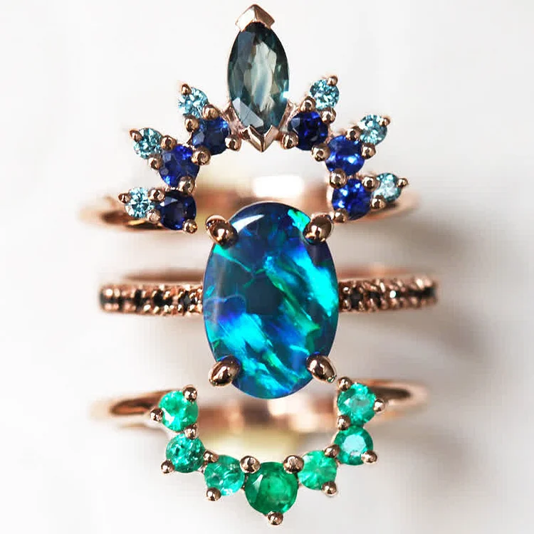 Olivenorma Sapphire With Opal 3 - Piece Ring Set