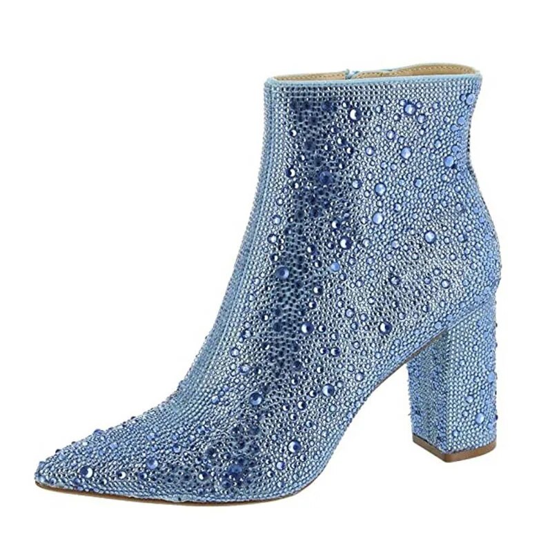 VCSHOES Women Sequin Glitter Ankle Boots Full Crystal Chunky Heels Blingbling Rhinestone Pointed Toe Sparkly Booties