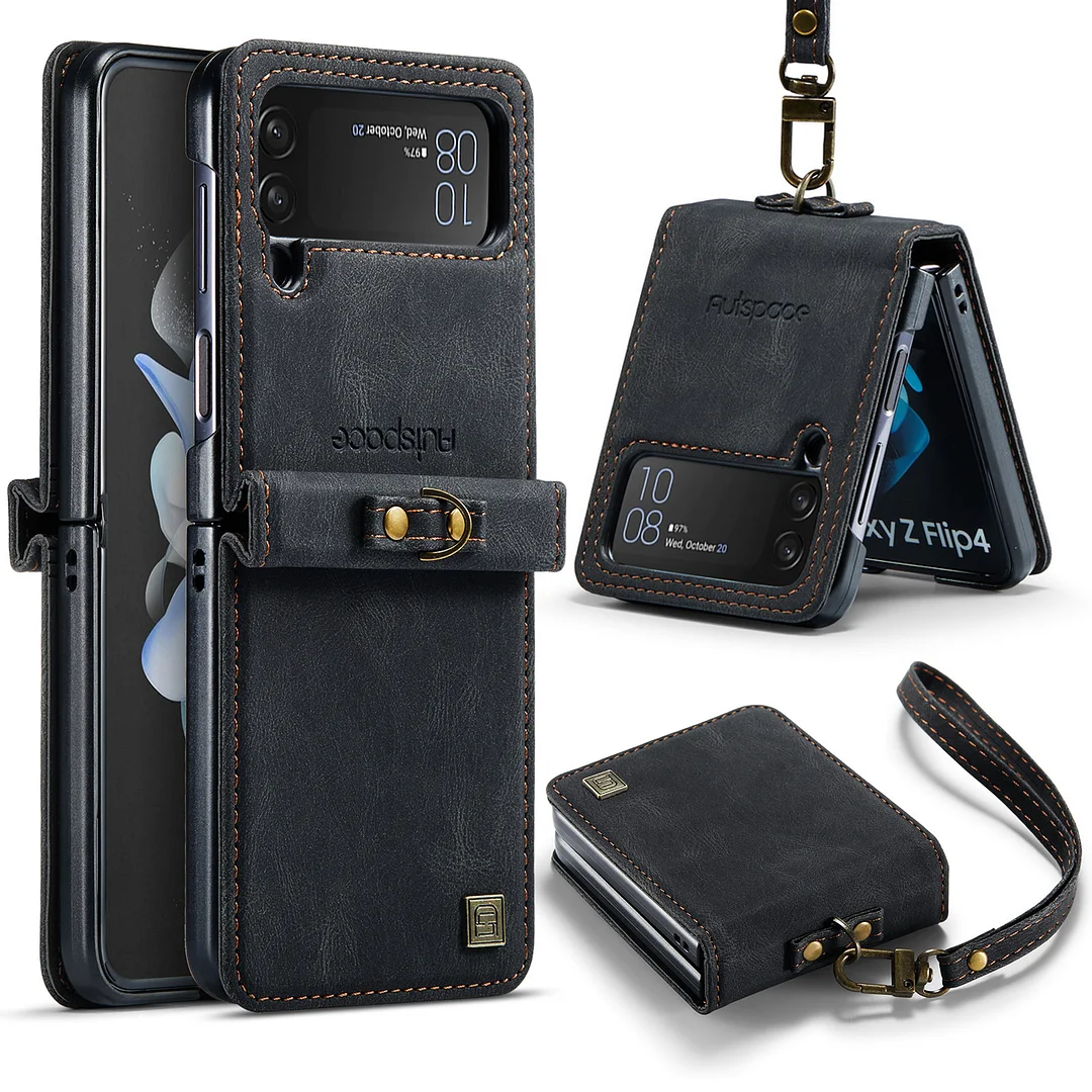 Luxury Retro Leather Phone Case With Detachable Lanyard And Hinge For Galaxy Z Flip4/Flip5