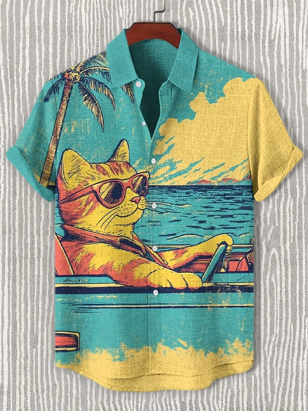 Men's Cat Driving By The Seaside Print Casual Shirt