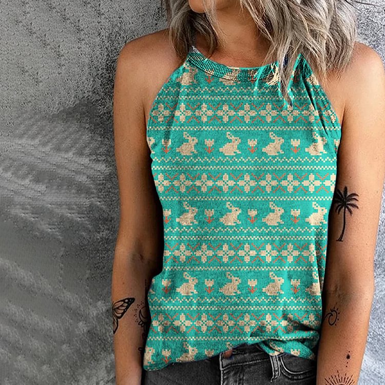 Vintage Rabbit Print Sleeveless Tank Top