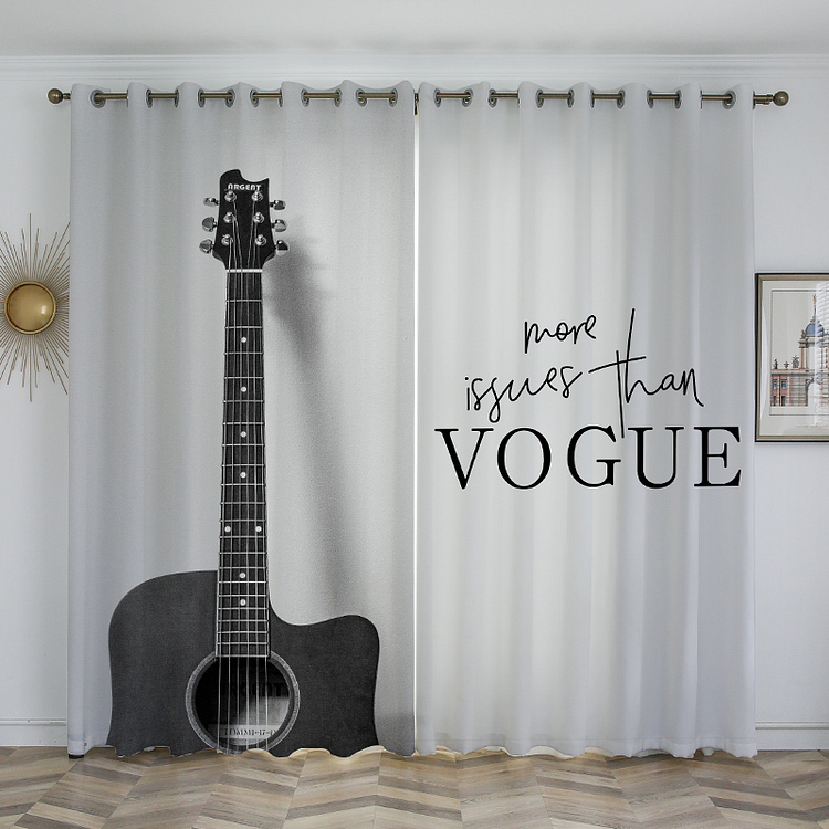 Indoor Semi-shading Curtains Grommet Top for Living Room or Bedroom With Music Art Black Guitar Print 2 panels-ChouChouHome