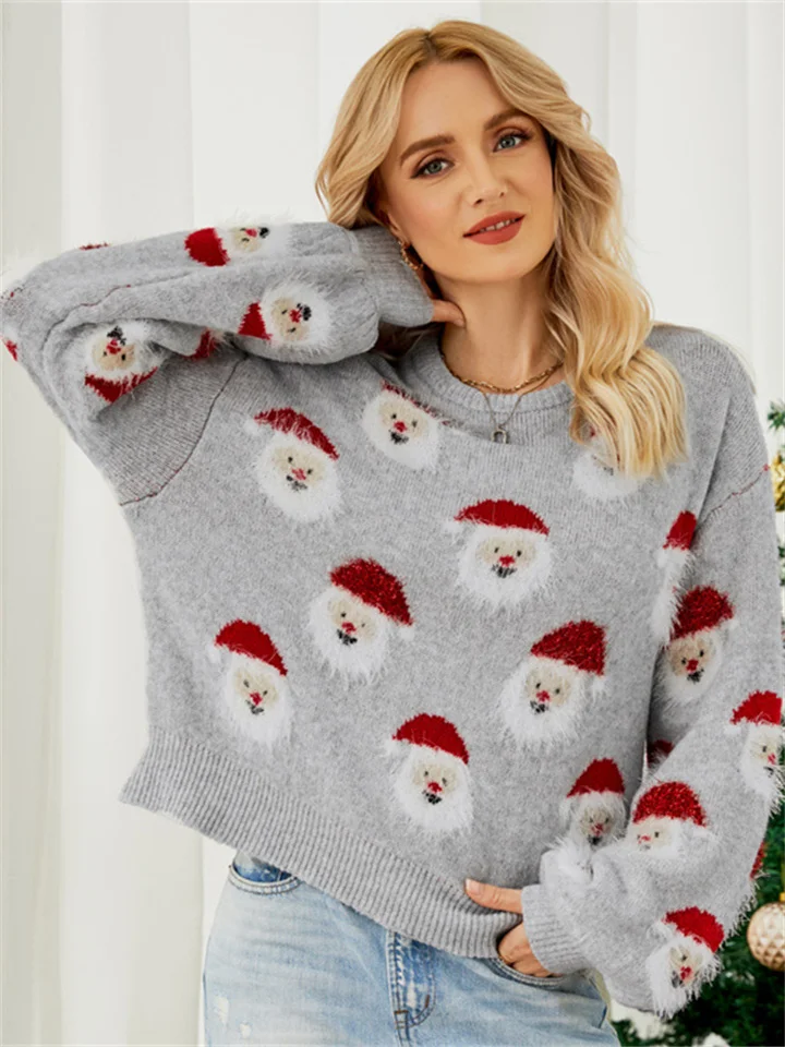 Autumn and Winter New Christmas Clothes Old Man Head Knit Sweater Women's Pullover Christmas Pop Sweater-JRSEE