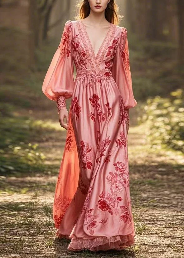 Stylish Pink V Neck Print Silk Dresses Lantern Sleeve Spring