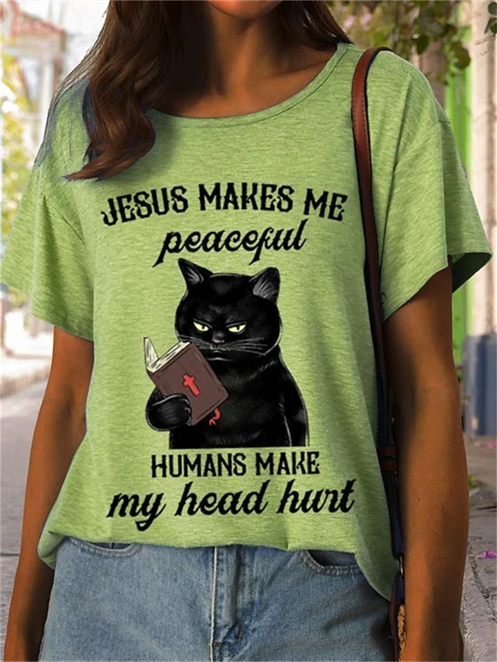 Short-sleeved Female T-shirt Text To Read A Book Black Cat Print Pink Green White Blue Gray
