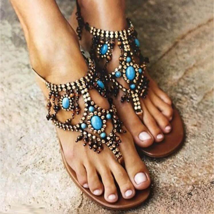 VCSHOES Rhinestone Thong Beads Flat Sandal
