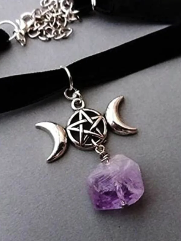 Velvet Choker Moon & Star Purple Crystal Pendant Choker