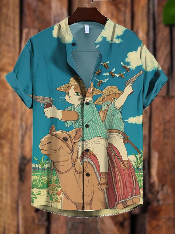 Men's Bees Camel Two Cat Cowboys Printed Short Sleeve Shirt