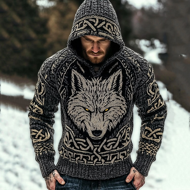 Men's Viking Pattern And Wolf Art Knit Hooded Sweater