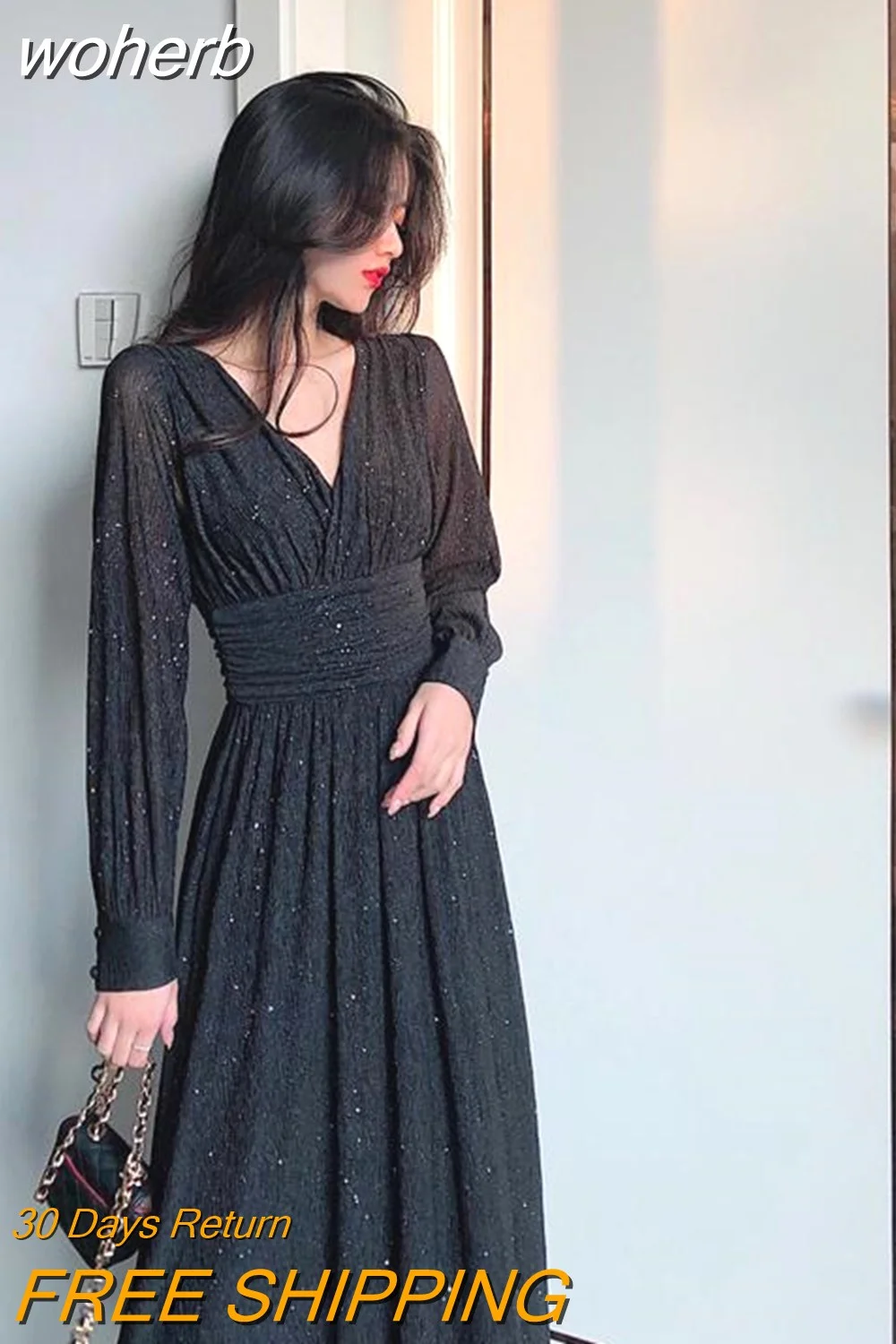 woherb Sleeve Dress Women Autumn Ankle-length Female Elegant Solid Bright-silk Stylish Vintage French Style Party Ulzzang Trendy